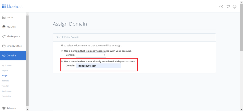 bluehost - Assign Domain
